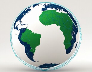 Stylized digital globe logo, featuring interconnected lines and dots to symbolize global connectivity and advanced technology, in cybernetic blue and digital green colors, white background