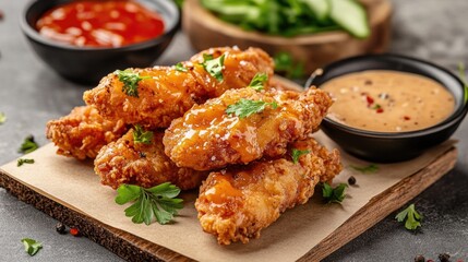 Fototapeta premium A Close Up Of Fried Chicken With Dips And Herbs
