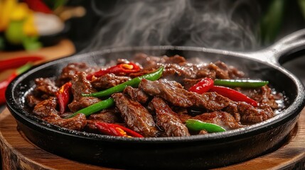 Fototapeta premium Sizzling hot cooked beef served with red and green chili peppers