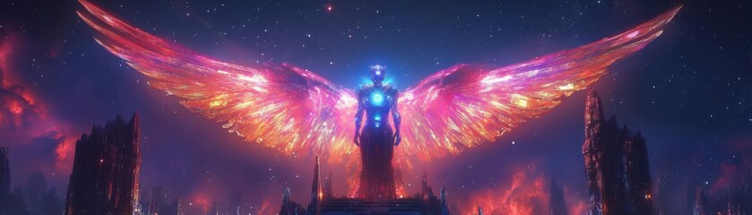 Fototapeta premium A celestial guardian in vibrant hues, holographic wings, glowing with energy, protecting a sci-fi temple