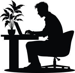 Silhouette of a person working on a laptop at a desk.