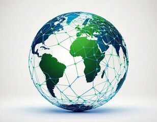Stylized digital globe logo, featuring interconnected lines and dots to symbolize global connectivity and advanced technology, in cybernetic blue and digital green colors, white background