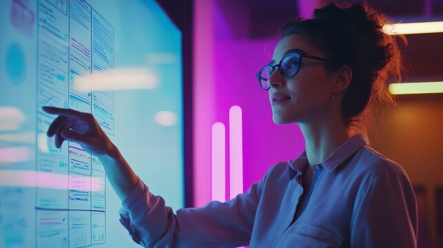 Tech-Savvy Vision: A focused businesswoman engages with a large interactive screen in a modern office setting, navigating data with confidence.