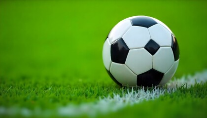 Fototapeta premium A close-up shot of a soccer ball on a green field, the ball is white with black pentagons, resting on a white line, the grass is neatly trimmed and vibrant green