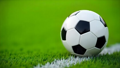 Obraz premium A close-up shot of a soccer ball on a green field, the ball is white with black pentagons, resting on a white line, the grass is neatly trimmed and vibrant green