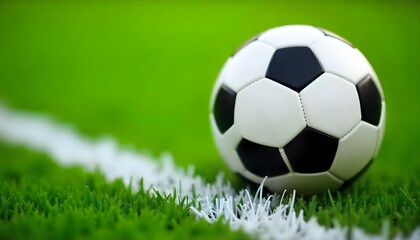 Fototapeta premium A close-up shot of a soccer ball on a green field, the ball is white with black pentagons, resting on a white line, the grass is neatly trimmed and vibrant green