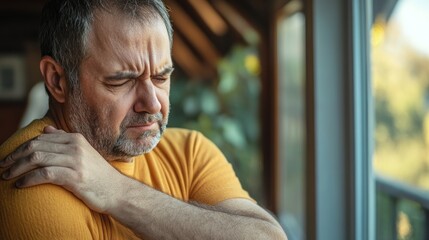 Obraz premium Man's Shoulder Pain at Home Window.