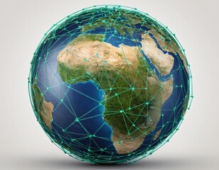 Stylized digital globe logo, featuring interconnected lines and dots to symbolize global connectivity and advanced technology, in cybernetic blue and digital green colors, white background