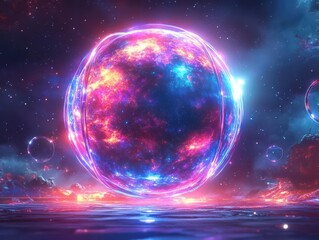 Craft a gigantic, luminescent orb suspended in the cosmic abyss, radiating vivid space hues, encased by celestial hoops, science fiction, ultra-realistic digital illustration
