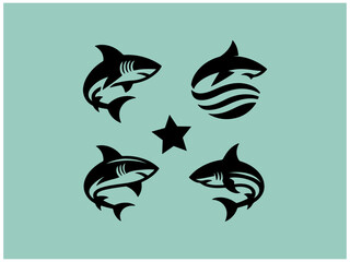 Shark logo collection: Nine powerful vector designs for branding. A collection of nine stylized shark logos, set against a muted teal background.