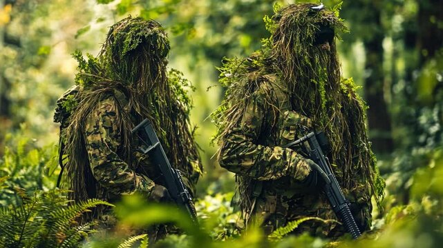This video portrays soldiers in advanced camouflage gear perfectly blending into a lush green forest. It emphasizes the importance of stealth in military operations. Generative AI