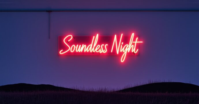 Naklejki Neon sign soundless night deep indigo crimson glowing silhouette of distant rolling hills star filled sky