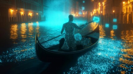 Cybernetic gondolier navigating glowing river in futuristic venice