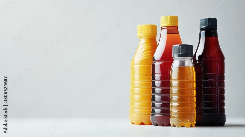 Poster bottles of car fluids arranged neatly on a plain background with ample space for text and a clean, o