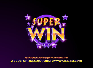 modern futuristic golden violet super win with frame and star glossy chrome font effect