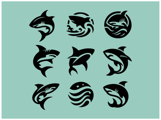 Shark logo collection: Nine powerful vector designs for branding. A collection of nine stylized shark logos, set against a muted teal background.