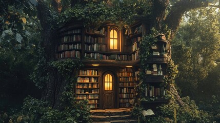 Fototapeta premium An enchanting treehouse library filled with knowledge and nature