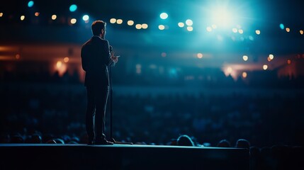Fototapeta premium Rhetoric on Stage: Captivating silhouette of a speaker commanding attention. delivering a motivational message from center stage, the atmospheric lighting accentuates the power of the message.