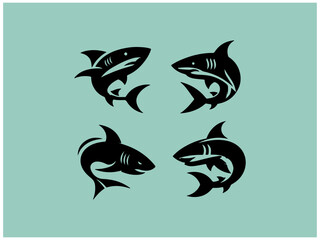 Shark logo collection: Nine powerful vector designs for branding. A collection of nine stylized shark logos, set against a muted teal background.