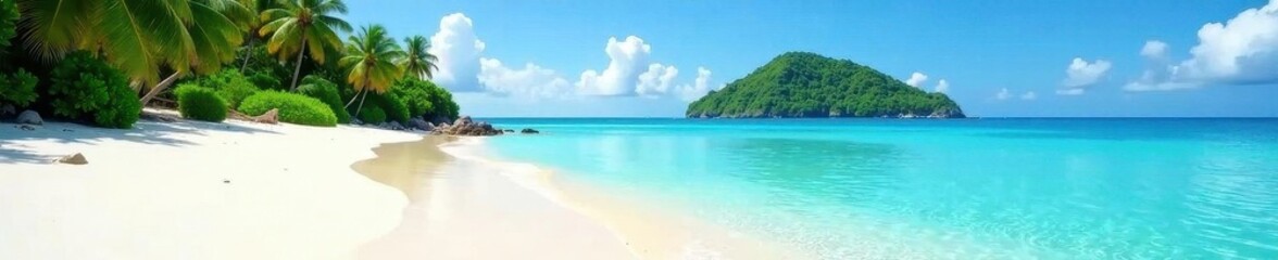 White sand beach, distant green island, clear water, nature, idyllic scene, sky