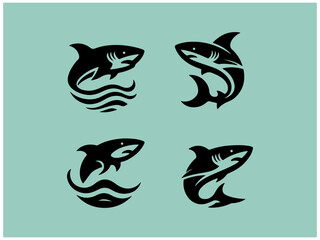 Shark logo collection: Nine powerful vector designs for branding. A collection of nine stylized shark logos, set against a muted teal background.