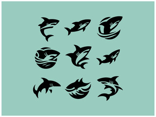 Shark logo collection: Nine powerful vector designs for branding. A collection of nine stylized shark logos, set against a muted teal background.