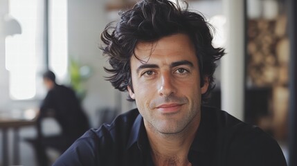Obraz premium Confident Man Portrait: A close-up portrait of a handsome man with dark, tousled hair, conveying confidence and approachability.