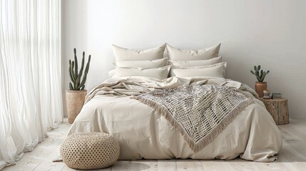 Generative AI, Warm Minimalist Bedroom with Natural Elements and Earthy Tones