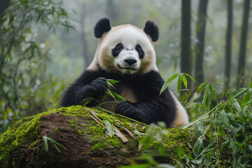 Naklejka premium A playful panda enjoying bamboo in a serene bamboo forest