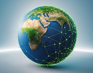 Stylized digital globe logo, featuring interconnected lines and dots to symbolize global connectivity and advanced technology, in cybernetic blue and digital green colors, white background