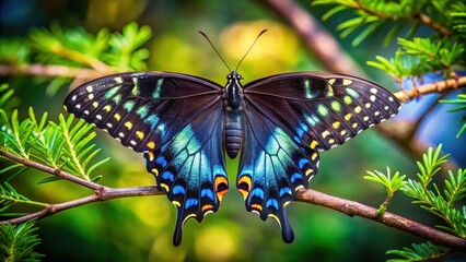 Naklejka premium Vibrant iridescent butterfly perched on a branch amidst lush green foliage, showcasing exquisite wing details and natural beauty