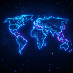 Futuristic Sci-Fi World Map with Bright Neon Lights and Digital Grid, High-Tech Cyber Earth for Data, AI, and Virtual Reality Concepts
