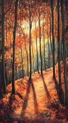Obraz premium A forest in autumn, with trees adorned by golden leaves and sunlight filtering through the branches 