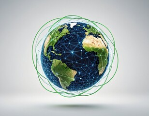 Stylized digital globe logo, featuring interconnected lines and dots to symbolize global connectivity and advanced technology, in cybernetic blue and digital green colors, white background