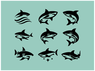 Shark logo collection: Nine powerful vector designs for branding. A collection of nine stylized shark logos, set against a muted teal background.