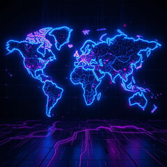 Abstract Neon World Map with Glowing Pink and Cyan Lines, Futuristic Sci-Fi Global Atlas for Technology and Digital Concepts