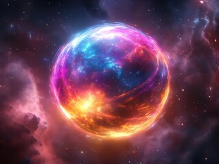Create a massive, glowing energy sphere floating in the void, emitting vibrant cosmic colors, encircled by celestial bands, futuristic, hi-tech 3D graphics
