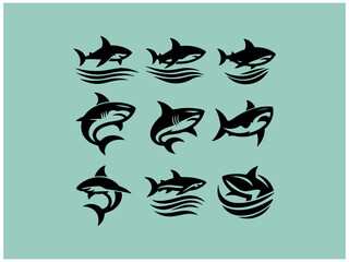 Shark logo collection: Nine powerful vector designs for branding. A collection of nine stylized shark logos, set against a muted teal background.
