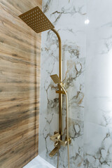 A gold shower head is sitting in a bathroom next to a wooden wall