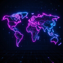 Futuristic Neon World Map with Glowing Pink and Blue Outlines, Digital Cyberpunk Global Atlas, Sci-Fi Technology Background in High Resolution