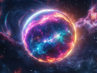 Fototapeta premium Create a massive, glowing energy sphere floating in the void, emitting vibrant cosmic colors, encircled by celestial bands, futuristic, hi-tech 3D graphics