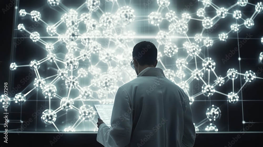 Poster unveiling the cosmos: a focused scientist gazes upon a glowing network of intricate structures, sugg