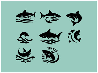 Shark logo collection: Nine powerful vector designs for branding. A collection of nine stylized shark logos, set against a muted teal background.