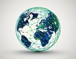Stylized digital globe logo, featuring interconnected lines and dots to symbolize global connectivity and advanced technology, in cybernetic blue and digital green colors, white background