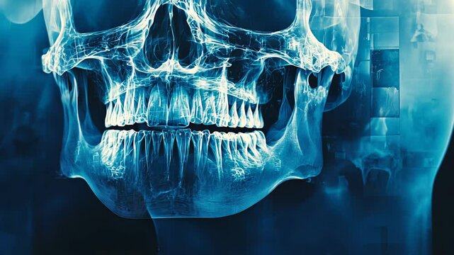 Translucent skull image with striking blue tones creates captivating effect highlighting dental structure