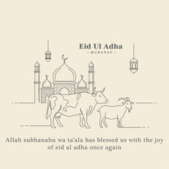 Minimalist Eid al-Adha Mubarak vector illustration featuring an Islamic mosque, lanterns, a sacrificial cow, and a goat in elegant line art style, ideal for greeting cards, posters, and digital design