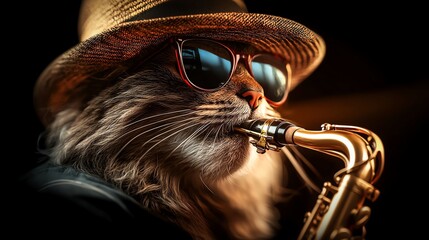 A stylish lion plays the saxophone, sporting sunglasses and a straw hat, embodying a fun, musical vibe.