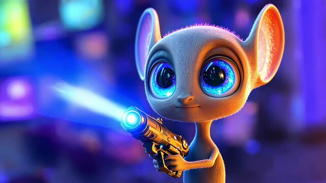 Animated alien cartoon character firing a space gun with blue light beam