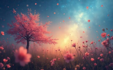 Obraz premium Digital Painting of Pink Cherry Blossoms with Starry Night and Glowing Sunrise