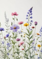 Tranquil watercolor wildflowers in various hues on a blank white surface, delicate petals, lush